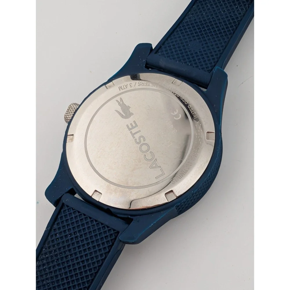 Lacoste Watch Men 43mm Case Navy Blue Textured Silicone Band- New Battery